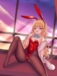 Rule 34 | 1girl, animal ears, black pantyhose, blonde hair, blue bow, blue bowtie, bow, bowtie, breasts, brown pantyhose, detached collar, fake animal ears, fang, feather boa, highres, leotard, original, pantyhose, playboy bunny, rabbit ears, rabbit tail, red eyes, red leotard, scarf, shakumaru, sitting, small breasts, smile, solo, strapless, strapless leotard, tail, wrist cuffs