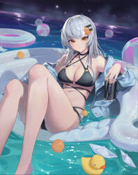 Rule 34 | 1girl, absurdres, ball, bare legs, bare shoulders, beachball, bikini, black bikini, black choker, breasts, brown eyes, can, choker, cleavage, criss-cross halter, drink, feet out of frame, grey hair, grey jacket, hair ornament, halterneck, highres, holding, holding can, holding drink, innertube, jacket, knees up, leaning back, long hair, long sleeves, looking at viewer, medium breasts, multi-strapped bikini, o-ring, o-ring bikini, o-ring top, off shoulder, open clothes, open jacket, original, paper boat, pool, rubber duck, scrunchie, sitting, solo, starfish hair ornament, stomach, swim ring, swimsuit, thighs, water, white hair, wrist scrunchie, xzu