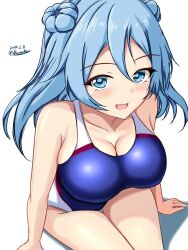 Rule 34 | 1girl, blue eyes, blue hair, blue one-piece swimsuit, blush, breasts, competition swimsuit, covered navel, dated, double bun, hair between eyes, hair bun, highres, kantai collection, looking at viewer, medium breasts, medium hair, montemasa, one-hour drawing challenge, one-piece swimsuit, open mouth, shadow, sitting, smile, solo, swimsuit, twitter username, two-tone swimsuit, urakaze (kancolle)