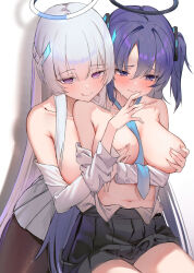 Rule 34 | 2girls, averting eyes, black pantyhose, black skirt, blue archive, blue necktie, blush, breasts, breasts on another&#039;s back, collarbone, covered erect nipples, covering another&#039;s nipples, covering nipples, covering privates, fingernails, grabbing, grabbing another&#039;s breast, grabbing from behind, grey hair, halo, hanamaru tsubaki, highres, large breasts, looking at viewer, multiple girls, nail polish, navel, necktie, noa (blue archive), open clothes, open shirt, pantyhose, pleated skirt, purple eyes, purple hair, shadow, skirt, smile, tongue, tongue out, two side up, white background, yuri, yuuka (blue archive)