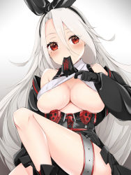 Rule 34 | 1girl, anchor symbol, areola slip, azur lane, bare shoulders, black footwear, black gloves, black hairband, black necktie, black skirt, black sleeves, blush, breasts, clothes lift, commentary request, crop top, detached sleeves, gloves, hair between eyes, hairband, high-waist skirt, highres, iron blood (emblem), knee up, large breasts, lifted by self, long hair, looking at viewer, mole, mole under eye, mouth hold, necktie, partial commentary, pleated skirt, prinz heinrich (azur lane), red eyes, ribbed shirt, shirt, shirt lift, shiruko (27anko), sidelocks, simple background, sitting, skirt, smile, solo, underboob, very long hair, white background, white shirt