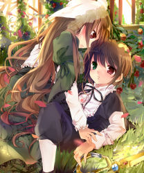 Rule 34 | 00s, 2girls, androgynous, bad id, bad pixiv id, blush, brown hair, dress, flower, grass, green eyes, heterochromia, llaoi h, long hair, looking at another, lying, multiple girls, on back, on person, pantyhose, red eyes, rozen maiden, scissors, siblings, sisters, souseiseki, suiseiseki, twins
