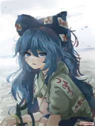 Rule 34 | 1girl, bird, black cat, blue bow, blue eyes, blue hair, blurry, blurry background, bow, cat, depth of field, hair between eyes, hair bow, highres, hood, hood down, light particles, long hair, looking at viewer, messy hair, ocean, outdoors, overcast, parted lips, ponytail, shirt, short sleeves, sky, solo, touhou, twitter username, unamused, wwparasi, yorigami shion