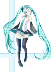 Rule 34 | 1girl, aqua eyes, aqua hair, aqua necktie, bad id, bad pixiv id, boots, breasts, detached sleeves, dh-zone, gluteal fold, graphite (medium), hair between eyes, hatsune miku, headset, highres, looking at viewer, necktie, panties, small breasts, solo, striped clothes, striped panties, thigh boots, thighhighs, thighs, traditional media, twintails, underwear, vocaloid, wind, wind lift