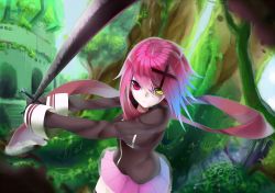 Rule 34 | 1girl, bad id, bad pixiv id, doko tetora, forest, heterochromia, nature, original, pink hair, red eyes, scarf, solo, sword, tree, weapon, yellow eyes
