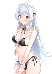 Rule 34 | 1girl, absurdres, b1ack illust, bare arms, bare shoulders, bikini, black bikini, breasts, cleavage, commission, cowboy shot, detached collar, frilled bikini, frills, front-tie bikini top, front-tie top, highres, long hair, looking at viewer, maid, maid bikini, maid headdress, medium breasts, navel, neck ribbon, original, parted lips, pixiv commission, ribbon, side-tie bikini bottom, sidelocks, simple background, skindentation, solo, standing, stomach, string bikini, swimsuit, thighs, unconventional maid, v arms, very long hair, white background, white hair, wrist cuffs
