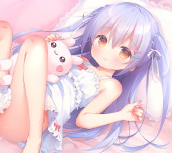 Rule 34 | 1girl, bare arms, bare shoulders, bed sheet, blue hair, blush, bow, braid, brown eyes, closed mouth, collarbone, commentary request, dress, frilled dress, frills, hair ornament, hair ribbon, hairclip, hands up, heart, knees up, long hair, lying, on back, original, out-of-frame censoring, pillow, red bow, ribbon, sleeveless, sleeveless dress, smile, solo, stuffed animal, stuffed rabbit, stuffed toy, two side up, usashiro mani, very long hair, white dress, white ribbon