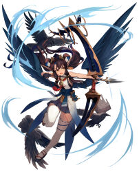 Rule 34 | 1girl, absurdres, animal, arrow (projectile), bell, bird, bow (weapon), breasts, brown hair, collar, feathered wings, floating hair, full body, glint, hair rings, hat, highres, holding, holding arrow, holding bow (weapon), holding weapon, japanese clothes, large wings, long hair, long pointy ears, medium breasts, neck bell, obi, open mouth, original, parted bangs, pleated skirt, pointy ears, sandals, sash, shirt, sideboob, skirt, sleeveless, sleeveless shirt, solo, standing, standing on one leg, teo (telo ruka), thighhighs, twintails, v-shaped eyebrows, very long hair, weapon, wings, yellow eyes