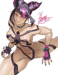 Rule 34 | 1girl, absurdres, black hair, blue nails, bracelet, capcom, collar, collarbone, drill hair, fingerless gloves, fingernails, functionally nude, gloves, grin, han juri, hanny (uirusu chan), highres, jewelry, legs apart, long fingernails, looking at viewer, muscular, muscular female, nail polish, navel, purple eyes, purple hair, smile, solo, spiked bracelet, spiked collar, spikes, street fighter, street fighter 6, thick thighs, thighs, twin drills, white background