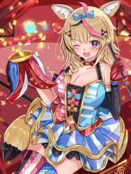 Rule 34 | 1girl, animal ear fluff, animal ears, arm warmers, arms up, asymmetrical legwear, blonde hair, blue bow, blue thighhighs, blush, bow, braid, breasts, cleavage, clothing cutout, club (shape), commentary request, confetti, diamond (shape), dress, facial mark, fang, fox ears, fox girl, fox tail, gloves, hair ornament, hair ribbon, hat, unworn hat, unworn headwear, heart, highres, holding, holding clothes, holding hat, holding wand, hololive, jester cap, large breasts, layered dress, looking at viewer, mi taro333, mismatched legwear, multicolored hair, navel, navel cutout, omaru polka, omaru polka (1st costume), one eye closed, open mouth, partial commentary, purple eyes, red gloves, red thighhighs, ribbon, short hair, single arm warmer, single braid, single glove, sitting, skin fang, solo, spade (shape), stage, streaked hair, tail, thighhighs, virtual youtuber, wand, x hair ornament