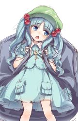 Rule 34 | 1girl, backpack, bag, blue eyes, blue hair, blue skirt, green hat, hair bobbles, hair ornament, hat, highres, kawashiro nitori, key, looking to the side, oborofu, open mouth, pouch, short sleeves, simple background, skirt, skirt set, solo, standing, touhou, twintails, white background