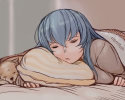 Rule 34 | 00s, blanket, dog, closed eyes, lowres, lying, aged up, on stomach, open mouth, pillow, rozen maiden, silver hair, sleeping, solo, suigintou, tsuda nanafushi