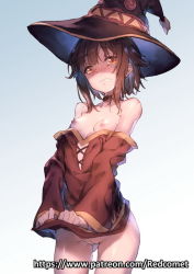 Rule 34 | 10s, 1girl, black hair, blue background, blush, breasts, cleft of venus, clenched teeth, clothes lift, clothes pull, cowboy shot, dress, dress lift, dress pull, gradient background, hat, kono subarashii sekai ni shukufuku wo!, looking at viewer, megumin, nipples, no panties, pussy, red eyes, redcomet, short hair, small breasts, solo, tears, teeth, uncensored, watermark, web address, white background, witch hat