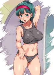 Rule 34 | 1girl, :o, adjusting clothes, adjusting panties, arm above head, arm up, blue eyes, blush, breasts, bulma, cameltoe, covered erect nipples, dragon ball, dragonball z, earrings, feet out of frame, female focus, green hair, grey tank top, groin, hairband, highres, indoors, jewelry, legs, looking at viewer, medium breasts, medium hair, midriff, navel, panties, red hairband, sakuradou, solo, spaceship, standing, tank top, thighs, underwear, underwear only