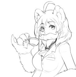 Rule 34 | ahoge, animal ears, animal hands, bear ears, bear paws, breasts, cup, fake beard, fake facial hair, fake mustache, formal, greyscale, highres, less, looking at viewer, medium breasts, monochrome, monocle, pinky out, pun, short hair, simple background, solo, suit, upper body, white background