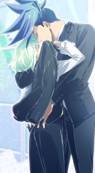 Rule 34 | 2boys, apri bot, black suit, blue hair, closed eyes, formal, galo thymos, gloves, grabbing another&#039;s ass, green hair, hand on another&#039;s hip, jewelry, kiss, lio fotia, multiple boys, promare, ring, size difference, suit, wedding, yaoi