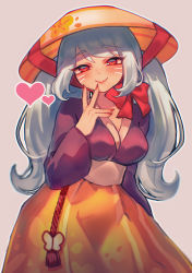Rule 34 | 1girl, absurdres, blush, bow, breasts, chromatic aberration, closed mouth, contrapposto, cookie run, facial mark, finger to mouth, hat, head tilt, heart, heart-shaped pupils, highres, humanization, lips, long hair, medium breasts, qiu ju, red bow, red eyes, rice hat, skirt, smile, solo, standing, straw hat, symbol-shaped pupils, twintails, whisker markings, white background, white hair, yellow skirt