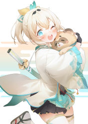 Rule 34 | 1girl, ;d, animal, animal hug, black gloves, blonde hair, blue eyes, blush, fingerless gloves, from side, gloves, hair ribbon, haori, highres, hololive, japanese clothes, kazama iroha, long sleeves, miniskirt, one eye closed, open mouth, pleated skirt, pokobee, ponytail, ribbon, ruien (wu jui-en), sheath, sheathed, short hair, simple background, skirt, smile, solo, standing, standing on one leg, sword, thighhighs, virtual youtuber, weapon, weapon on back, white thighhighs