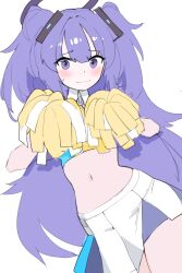 Rule 34 | 1girl, absurdres, blue archive, blush, cheerleader, cosplay, hibiki (blue archive), highres, looking at viewer, navel, ppuna, purple eyes, purple hair, solo, white background, yuuka (blue archive)