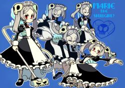 Rule 34 | 1girl, apron, bloody marie (skullgirls), blue background, brooch, closed eyes, dress, fire, frilled apron, frilled dress, frills, grey hair, hair ornament, highres, jewelry, juliet sleeves, kuroirozuki, long sleeves, maid headdress, mary janes, multiple views, pantyhose, puffy sleeves, red eyes, ribs, shoes, skeleton, skull hair ornament, skullgirls, smile, solo, standing, twintails, vacuum cleaner