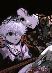 Rule 34 | 2boys, bandages, black eyes, black hair, blood, blood on face, blue eyes, brothers, commentary request, hand on another&#039;s head, highres, holding, holding knife, hunter x hunter, illumi zoldyck, killua zoldyck, knife, long hair, male focus, multiple boys, one eye covered, parted lips, plate, shenshan laolin, shirt, short hair, siblings, sitting, white hair