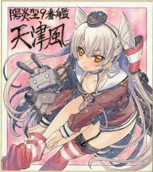 Rule 34 | 10s, 1girl, amatsukaze (kancolle), bent over, blush, breasts, brown eyes, choker, cleavage, downblouse, dress, dressing, garter straps, hair tubes, hairband, hat, kantai collection, long hair, looking at viewer, marker (medium), mini hat, nagy, red thighhighs, rensouhou-kun, sailor dress, shikishi, short dress, silver hair, small breasts, striped clothes, striped thighhighs, suspenders, thighhighs, traditional media, twintails, two side up