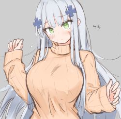 Rule 34 | beige sweater, blue hair, blunt bangs, blush, breasts, character name, closed mouth, embarrassed, girls&#039; frontline, green eyes, grey background, hair ornament, head tilt, highres, hk416 (girls&#039; frontline), large breasts, light blue hair, long hair, long sleeves, ribbed sweater, risshu, sidelocks, simple background, sleeves past wrists, solo, sweater, taut clothes, taut sweater, teardrop tattoo, tsurime, turtleneck, turtleneck sweater, upper body, very long hair, x hair ornament