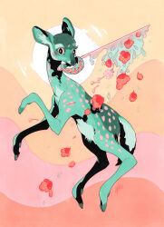 Rule 34 | 1other, abstract background, animal, animal focus, black eyes, colored eyelashes, colored sclera, commentary, dandelion seed, day, deer, falling flower, falling petals, fawn, fleebites, floating, floral print, flower, green fur, highres, holding, holding sword, holding weapon, limited palette, looking at viewer, original, outdoors, pastel colors, petals, pink flower, pink sclera, red flower, red petals, scared, seed, signature, sky, sun, surreal, sword, symbol-only commentary, traditional media, weapon, wide-eyed, yellow sky