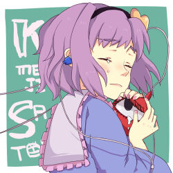 Rule 34 | 1girl, aqua background, blouse, character name, closed eyes, closed mouth, crying, komeiji satori, long sleeves, pink hair, pink sailor collar, purple shirt, sailor collar, shirt, simple background, solo, third eye on chest, toad22, touhou, upper body