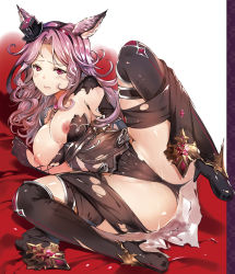 Rule 34 | 10s, 1girl, animal ears, black dress, black footwear, black gloves, black hat, black thighhighs, blush, breast hold, breasts, cameltoe, catharine (granblue fantasy), closed mouth, curly hair, dress, elbow gloves, embarrassed, erune, fox ears, full body, gloves, granblue fantasy, hairband, hat, high heels, large breasts, lying, mini hat, mini top hat, nipples, on side, partially visible vulva, pink eyes, pink hair, shiny skin, shoes, solo, spread legs, tachibana yuu, thighhighs, thighs, top hat, torn clothes, torn dress
