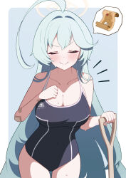 Rule 34 | 1girl, ahoge, bare arms, bare legs, bare shoulders, black one-piece swimsuit, blue archive, blush, breasts, cleavage, closed eyes, closed mouth, collarbone, cowboy shot, facing viewer, green hair, halo, highres, huge ahoge, large breasts, long hair, one-piece swimsuit, school swimsuit, smile, solo, swimsuit, yellow halo, yume (blue archive), zundamochi (sera)