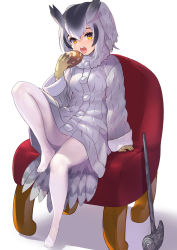 Rule 34 | 1girl, bird girl, bird wings, black hair, blonde hair, chair, coat, commentary request, eating, food, fur collar, gloves, grey coat, grey hair, hair between eyes, head wings, highres, japari bun, kemono friends, long sleeves, looking at viewer, multicolored hair, no shoes, northern white-faced owl (kemono friends), open mouth, owl ears, owl girl, pantyhose, pickaxe, short hair, sitting, solo, tadano magu, white hair, white pantyhose, wings, winter clothes, winter coat, yellow eyes, yellow gloves