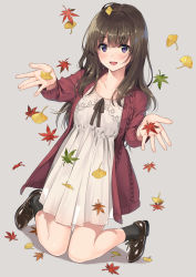 Rule 34 | 1girl, absurdres, autumn leaves, black socks, brown hair, cardigan, collarbone, cross-laced footwear, dress, ginkgo leaf, grey background, highres, kneeling, leaf, long hair, long sleeves, looking at viewer, maple leaf, open cardigan, open clothes, open mouth, original, outstretched arms, purple eyes, red cardigan, shoes, simple background, smile, socks, solo, unasaka ryou, white dress