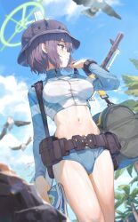 Rule 34 | 1girl, absurdres, aqua eyes, assault rifle, bag, beach, belt, belt pouch, bikini, bikini bottom only, bird, blue archive, blue bikini, blue jacket, blue sky, blush, breasts, bucket hat, closed mouth, cloud, commentary, crop top, cropped jacket, day, feet out of frame, gun, hado0628, halo, hand up, hat, highres, holding, holding gun, holding weapon, jacket, long sleeves, looking to the side, medium breasts, midriff, navel, outdoors, palm tree, pouch, profile, purple hair, rifle, saki (blue archive), saki (swimsuit) (blue archive), short hair, sidelocks, sky, solo, sports bikini, standing, stomach, sweat, swimsuit, thighs, tree, weapon, zipper, zipper pull tab