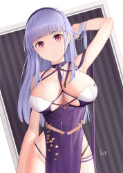 Rule 34 | 1girl, absurdres, artist name, azur lane, blunt bangs, breasts, dido (anxious bisque doll) (azur lane), dido (azur lane), dress, dress straps, hairband, hand in own hair, highres, kep (ahokep), large breasts, long hair, looking at viewer, purple dress, purple eyes, purple hair, simple background, solo, thigh strap, thighs