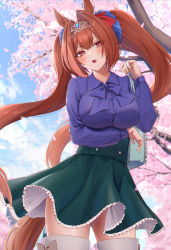 Rule 34 | 1girl, animal ears, arm under breasts, bad id, bad pixiv id, blouse, blue shirt, blush, breasts, brown hair, cherry blossoms, collared shirt, daiwa scarlet (umamusume), green skirt, hair intakes, hair ornament, hair ribbon, highres, horse ears, horse girl, horse tail, ironatsuki, large breasts, long hair, long sleeves, looking at viewer, outdoors, parted lips, red eyes, red ribbon, ribbon, shirt, shirt tucked in, skirt, solo, tail, thighhighs, thighs, tiara, twintails, umamusume, white thighhighs