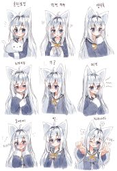 Rule 34 | 1girl, :d, ;d, absurdres, ahoge, animal, animal ear fluff, animal ears, black sailor collar, blue eyes, blue jacket, blush, cat, closed mouth, collarbone, commentary request, crying, crying with eyes open, empty eyes, expressions, fingernails, fingers together, flying sweatdrops, fox ears, fox girl, hair between eyes, hair intakes, hand up, head tilt, heart, highres, index fingers together, jacket, korean text, long hair, long sleeves, looking at viewer, looking away, multiple views, neckerchief, nose blush, notice lines, one eye closed, open mouth, orange neckerchief, original, outstretched arms, parted lips, ping myu ring (tandohark), sailor collar, shaded face, silver hair, sleeves past wrists, smile, tandohark, tears, translation request, very long hair, white background