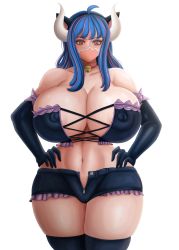 Rule 34 | 1girl, animal ears, areola slip, artist name, bell, blue hair, blush, breasts, cat ears, cleavage, collar, cosplay, covered erect nipples, curvy, facial mask, hand on own hip, highres, horns, huge breasts, looking down, lucy heartfilia, lucy heartfilia (cosplay), mask, multicolored hair, navel, nipples through clothes, one piece, open fly, pink hair, red eyes, short shorts, shorts, solo, tagme, thick thighs, thighhighs, thighs, ulti (one piece), wide hips, zipper