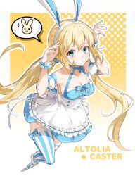 1girl absurdres animal_ears animal_hood artoria_caster_(fate) artoria_caster_(swimsuit)_(fate) artoria_caster_(swimsuit)_(second_ascension)_(fate) artoria_pendragon_(fate) bare_shoulders blonde_hair blue_dress breasts character_name cleavage dress english_text engrish_text fake_animal_ears fate/grand_order fate_(series) full_body green_eyes hands_up highres hood hookyourist long_hair looking_at_viewer rabbit_ears rabbit_hood ranguage scrunchie solo speech_bubble striped_clothes striped_thighhighs thighhighs twintails two-tone_background white_background white_dress white_footwear wrist_scrunchie yellow_background