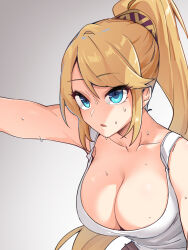 Rule 34 | 1girl, blonde hair, blue eyes, breasts, cleavage, collarbone, commentary request, dawn warrior (maplestory), dulldull, expressionless, gold hairband, grey background, hairband, high ponytail, highres, large breasts, leaning forward, long hair, maplestory, outstretched arm, parted lips, ponytail, purple hairband, sidelocks, simple background, solo, sweat, swept bangs, tank top, white tank top