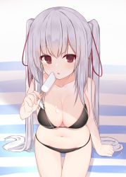 Rule 34 | 1girl, :o, arm support, bare arms, bare shoulders, bikini, black bikini, blanket, blush, breasts, brown eyes, cleavage, collarbone, commentary request, food, food on body, food on breasts, hair ribbon, halterneck, hand up, highres, holding, holding food, ice cream, long hair, looking at viewer, medium breasts, memekko, navel, original, parted lips, red ribbon, ribbon, silver hair, solo, striped, swimsuit, twintails, very long hair