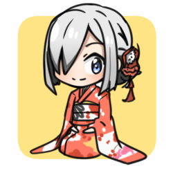 Rule 34 | 10s, 1girl, alternate costume, blue eyes, chibi, flower, hair flower, hair ornament, hair over one eye, hairclip, hamakaze (kancolle), hands on legs, japanese clothes, kantai collection, kawabatake, kimono, long sleeves, looking at viewer, obi, sash, seiza, short hair, silver hair, sitting, smile, solo, wide sleeves