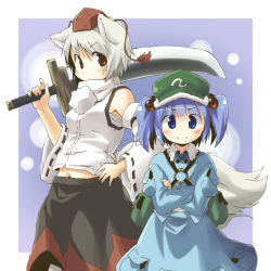 Rule 34 | &gt;:), 2girls, animal ears, bare shoulders, blue eyes, blue hair, blush, crossed arms, detached sleeves, face, female focus, hair bobbles, hair ornament, hat, inubashiri momiji, kawashiro nitori, midriff, multiple girls, navel, short hair, sword, tail, touhou, twintails, two side up, v-shaped eyebrows, weapon, white hair, wolf ears, wolf tail, yudepii