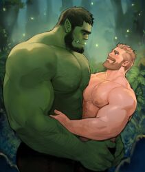 Rule 34 | 2boys, abs, absurdres, arm hair, ass grab, bara, beard, blonde hair, blush, brown pants, chest hair, colored skin, couple, dopey (dopq), eye contact, facial hair, fireflies, forest, green skin, hairy, hand on another&#039;s ass, height difference, highres, hug, interspecies, large hands, large pectorals, looking at another, male focus, mature male, monster boy, multiple boys, muscular, muscular male, nature, nipples, orc, original, pants, pectoral docking, pectoral press, pectorals, pointy ears, short hair, sideburns, size difference, smile, stomach, topless male, tusks, upper body, yaoi