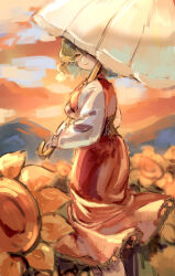 Rule 34 | 1girl, blush, cloud, corset, feet out of frame, flower, frilled skirt, frills, from side, garden of the sun, green hair, hair between eyes, highres, holding, holding umbrella, impressionism, kazami yuuka, light smile, long sleeves, looking at viewer, mountainous horizon, outdoors, puffy long sleeves, puffy sleeves, red skirt, red vest, shirt, short hair, shouxishao jiuyuan, skirt, solo, sunflower, touhou, umbrella, vest, white shirt