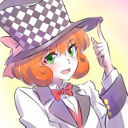 Rule 34 | 1girl, bow, bowtie, commentary request, cosplay, formal, freckles, green eyes, hat, iesupa, jojo no kimyou na bouken, orange hair, penny polendina, ribbon, rwby, solo, spoilers, top hat, traditional bowtie, trait connection, upper body, will anthonio zeppeli, will anthonio zeppeli (cosplay)