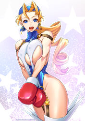 Rule 34 | 1girl, :d, bandana, blonde hair, blue bandana, blue eyes, blue leotard, boxing gloves, breasts, breasts squeezed together, buckle, covered erect nipples, cowboy shot, curly hair, earrings, gloves, highres, jewelry, justice gakuen, large breasts, legs together, leotard, long hair, looking at viewer, o-ring, open mouth, parted bangs, purple background, red gloves, seed01010, shiny skin, smile, solo, standing, star (symbol), starry background, thighhighs, thighs, tiffany lords, underboob, white thighhighs