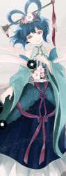 Rule 34 | 1girl, adapted costume, alternate costume, bad id, bad twitter id, bare shoulders, blue dress, blue eyes, blue hair, cleavage cutout, clothing cutout, detached sleeves, dress, flower, gin fragrans, hagoromo, hair flower, hair ornament, hair rings, hair stick, halterneck, head tilt, highres, japanese clothes, kaku seiga, long sleeves, looking to the side, matching hair/eyes, obi, parted lips, ribbon, sash, shawl, short hair, solo, touhou, turtleneck, wide sleeves