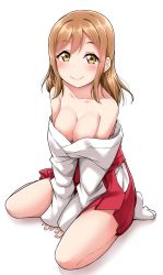 Rule 34 | 10s, 1girl, areola slip, bare shoulders, between legs, blush, breasts, brown hair, cleavage, clothes down, collarbone, commentary request, hakama, hakama skirt, hand between legs, highres, japanese clothes, kunikida hanamaru, long hair, long sleeves, looking at viewer, love live!, love live! school idol festival, love live! sunshine!!, medium breasts, miko, no bra, red hakama, simple background, sitting, skirt, smile, socks, solo, white background, white socks, yellow eyes, yopparai oni, ||/