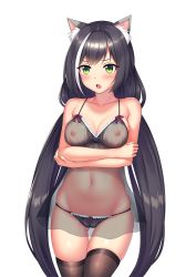 Rule 34 | 1girl, :o, animal ear fluff, animal ears, ayase-mio, bare shoulders, black hair, black panties, black thighhighs, blush, bra, breasts, cameltoe, cat ears, cat girl, chemise, cleft of venus, collarbone, covered erect nipples, crossed arms, fang, green eyes, karyl (princess connect!), lingerie, long hair, looking at viewer, low twintails, medium breasts, multicolored hair, navel, nipples, open mouth, panties, princess connect!, see-through, see-through bra, see-through panties, solo, streaked hair, thighhighs, thighs, twintails, underwear, very long hair, white hair